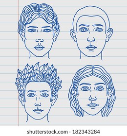 doodle style faces, vector illustration