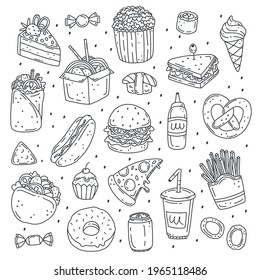 Doodle style fast food set. Vector black and white hand drawn illustration. Food objects isolated on white background. Food icons. Line art junk food.
