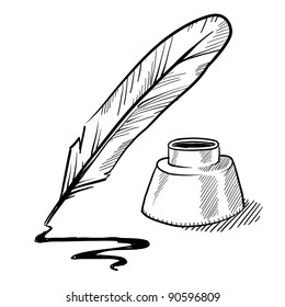 Doodle Style Feather Quill Pen And Ink Well Illustration In Vector Format