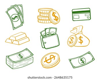 Doodle Style Financial Icon Collection. A playful set of finance themed doodle elements including money stacks, coins, credit card, wallet, gold bars, and more. Perfect for budgeting apps