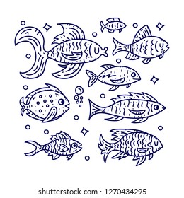 Doodle style fish illustration. Vector hand drawn clipart collection