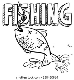 Doodle style fishing sports illustration.  Includes text and fish caught on a hook.