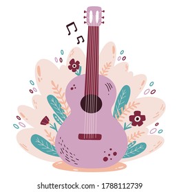 Doodle style flat color vector illustration of guitar with flowers isolated on white background.