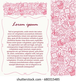 Doodle style of flat cupcakes and drink arranged on white background.Design menu template.Desserts elements.Decorative elements for design:wedding,birthday,party
