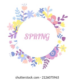 Doodle style flat flower frame pastel colors isolated on white background, 