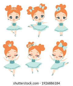 Doodle style flat vector ballerina with red hair set