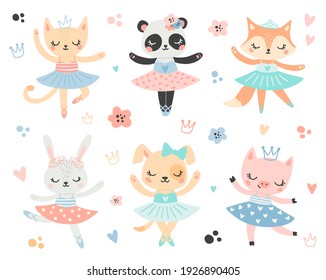 Doodle style flat vector ballet animals. Ballerinas cat, panda, fox, bunny, dog, pig