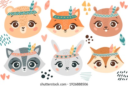 Doodle style flat vector boho animals heads set. Boho forest animals faces. Bear, fox, beaver, racoon, rabbit, owl.
