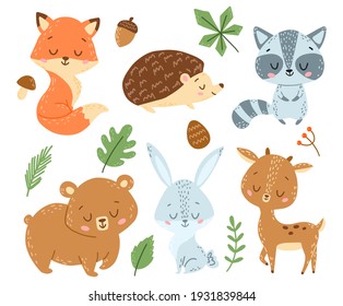 Doodle Style Flat Vector Cartoon Forest Animals Set