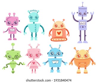 Doodle Style Flat Vector Cartoon Robots Set