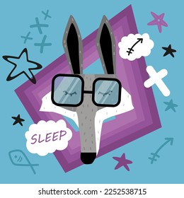 Doodle style flat vector cartoon wolf with glasses. 