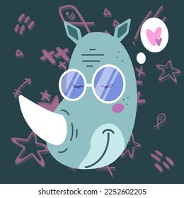 Doodle style flat vector cartoon rhino with glasses. Wallpaper, flyers, invitation, posters, brochure, banners.