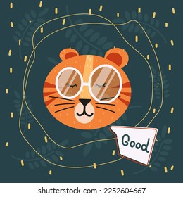 Doodle style flat vector cartoon tiger with glasses.  Wallpaper, flyers, invitation, posters, brochure, banners, fabric, packaging, textiles,  clothing.
