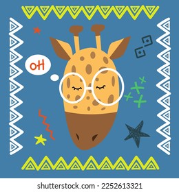 Doodle style flat vector cartoon giraffe with glasses.  Wallpaper, flyers, invitation, posters, brochure, banners, fabric, packaging, textiles,  clothing.