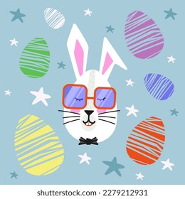 Doodle style flat vector cartoon easter rabbit with glasses. Wallpaper, easter's flyers, invitation, posters, brochure, banners, fabric, packaging, textiles, clothing.