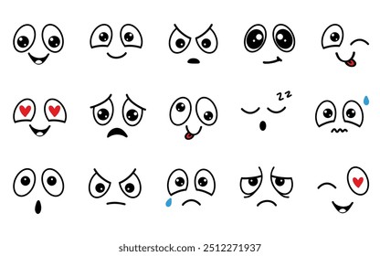 Conjunto simples de emoticons de desenho animado de vetor plano estilo Doodle. Emoções para o design. Felicidade, alegria e tristeza. Risos e lágrimas