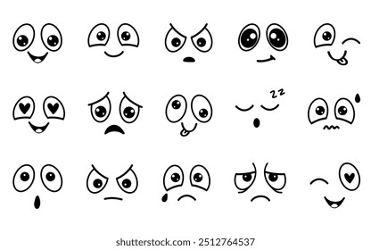 Conjunto simples de emoticons de desenho animado de vetor plano estilo Doodle. Emoções para o design. Felicidade, alegria e tristeza. Risos e lágrimas