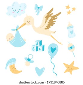 Doodle style flat vector сartoon stork with newborn baby boy set