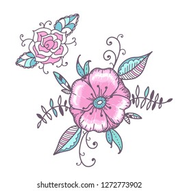 Doodle style floral elements isolated on white background