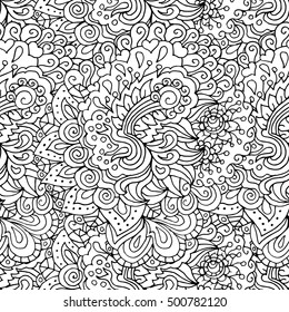 Doodle style floral garden seamless pattern. Vector illustration, coloring book
