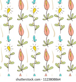 Doodle style floral seamless pattern. Summer flowers and leaves