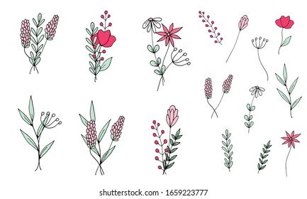 Doodle style flowers. Set of small bouquets, branches and elements from multi-colored simple flowers. Delicate pastel pink, green colors. Isolated objects on a white background.Vector.