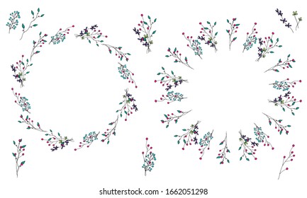 Doodle style flowers. Set of wreaths, small bouquets, branches and elements from multi-colored simple plants on a white background. Bright pink, purple, green colors. Isolated objects.