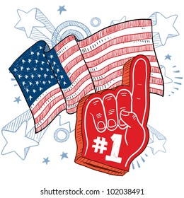 Doodle style foam finger that says #1 in front of a patriotic America flag background