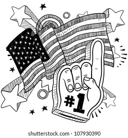 Doodle style foam finger that says #1 in front of a patriotic America flag background