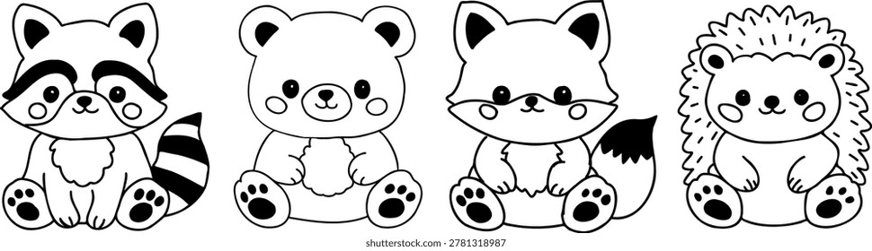 Doodle style forest animal set, line art coloring page
