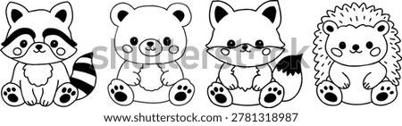 Doodle style forest animal set, line art coloring page