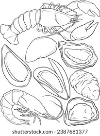 Doodle style fresh seafood drawing set, simple black line marine animal illustration on white background. line vector set