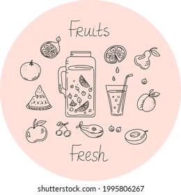Doodle style fruit icons set. Jug, glass, drinks, fruits and berries in a circle. Vector icons. Isolated background.