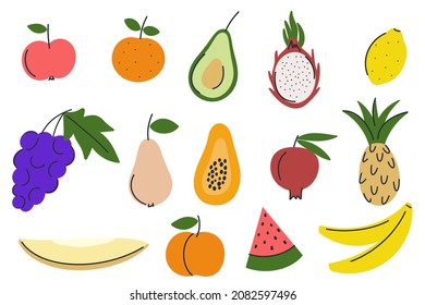 Doodle style fruits set. Collection of cute hand drawn fruits, isolated object. Vector illustration organic healthy food