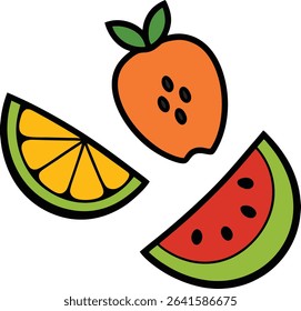 doodle style fruits slices set flat color vector art.
