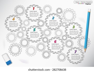 Doodle Style, Gear/Miscellaneous Symbols with Number and Text Information Design. Pencil & Rubber Eraser, Sketch Design, Workflow Layout & 7 Steps Process Diagram. Vector Illustration