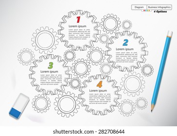 Doodle Style, Gear/Miscellaneous Symbols with Number and Text Information Design. Pencil & Rubber Eraser, Sketch Design, Workflow Layout & 4 Steps Process Diagram. Vector Illustration