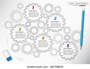 Doodle Style, Gear/Miscellaneous Symbols with Number and Text Information Design. Pencil & Rubber Eraser, Sketch Design, Workflow Layout & 5 Steps Process Diagram. Vector Illustration