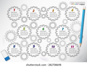 Doodle Style, Gear/Miscellaneous Symbols with Number and Text Information Design. Pencil & Rubber Eraser, Sketch Design, Workflow Layout & 11 Steps Process Diagram. Vector Illustration