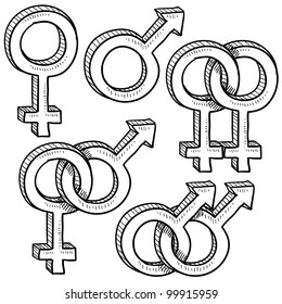 Doodle style gender symbols indicating types or relationships - gay, straight, and broken up