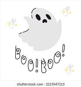 Doodle style ghost character with lettering boo. Simple icon for Halloween spooky decoration and greeting card