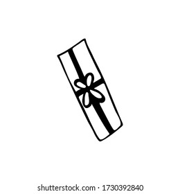 Doodle style gift box. Hand drawn vector illustration for cards, posters, stickers and professional design, web design, logo. Isolated on white background.