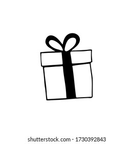 Doodle style gift box. Hand drawn vector illustration for cards, posters, stickers and professional design, web design, logo. Isolated on white background.