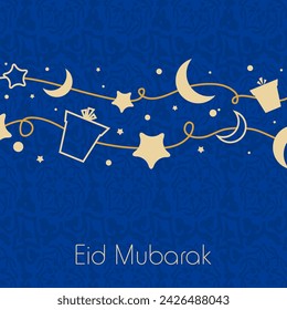 Caja de regalo de estilo Doodle con estrella, decoración de cuerda de luna sobre fondo azul para la celebración del festival musulmán Eid Mubarak.