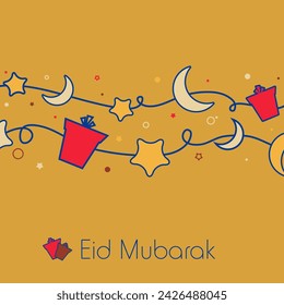 Doodle Style Gift Box with Star, Moon String Decoration on Yellow Background for Muslim Festival Eid Mubarak Celebration.