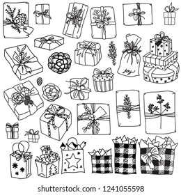 Doodle style gift boxex for christmas and new year festival