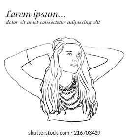 Doodle style girl with beautiful hair. Black contour illustration.