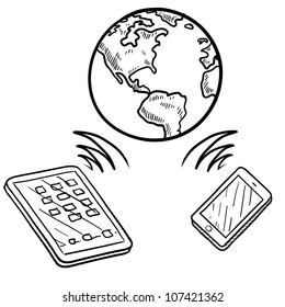 Doodle style global cloud computing illustration showing data being sent and received globally on smartphones, tablets, and mobile devices