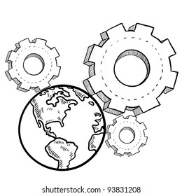 Doodle style globe in the gears sketch in vector format