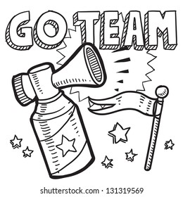 Doodle style go team announcement icon in vector format.  Sketch includes text, air horn, and flag.